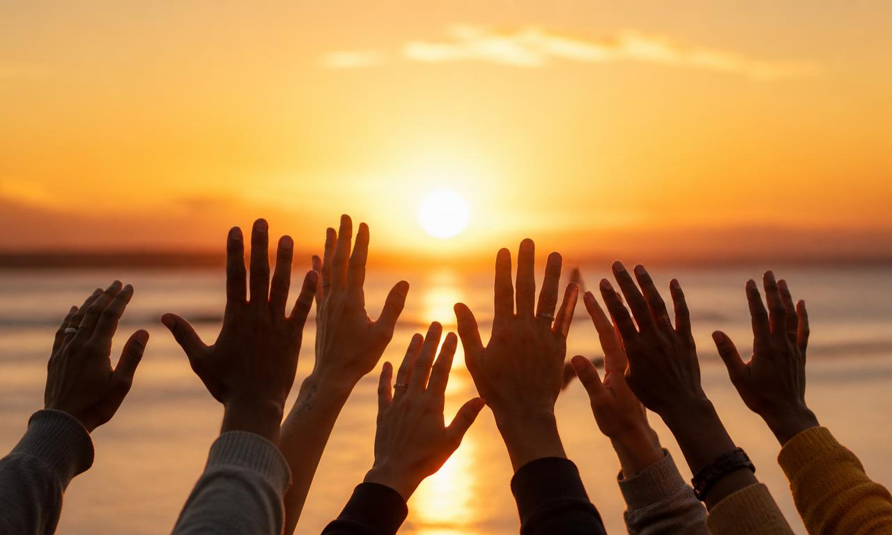 Mains diverses levées vers un soleil levant, symbole d'appel à l'action collectif