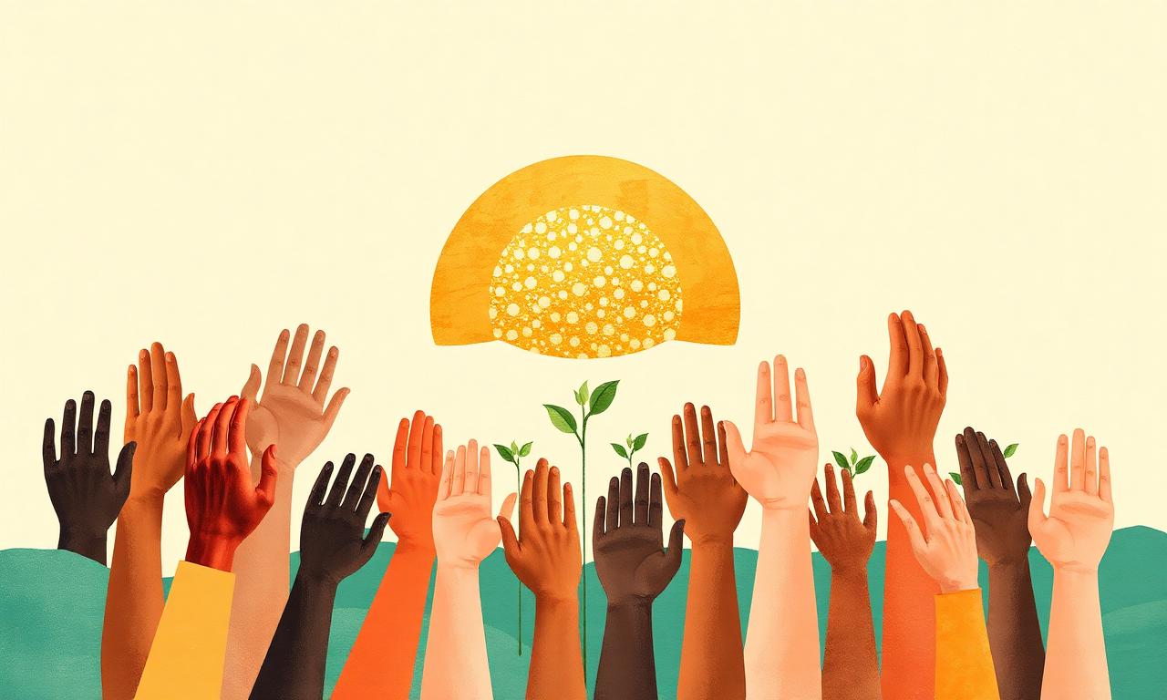 Mains diverses levées vers un soleil levant, symbole d'appel à l'action collectif