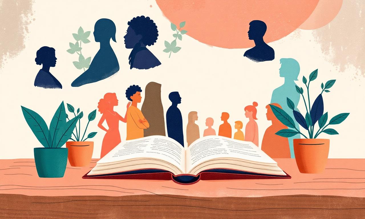 Un livre ouvert entouré de silhouettes diverses, symbole d'un guide accueillant