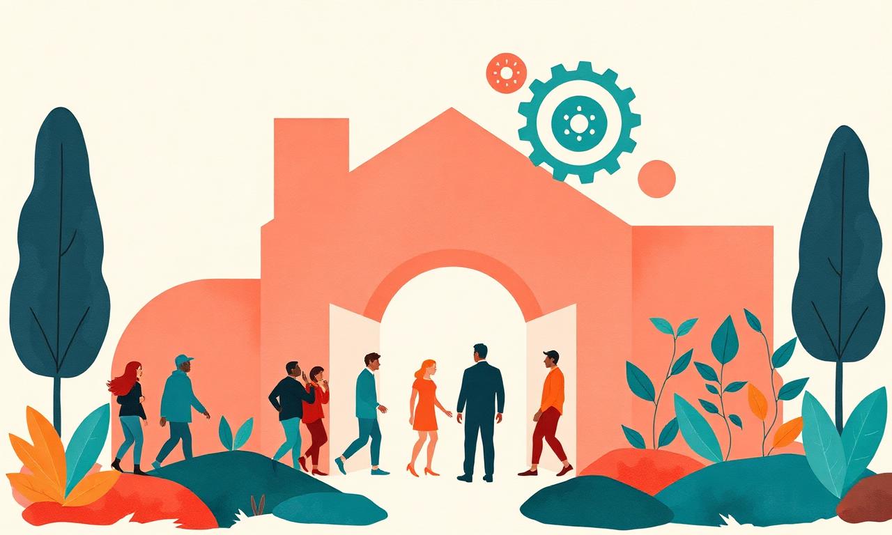 Bâtiment accueillant des personnes diverses, symbole de mise en œuvre dans une structure